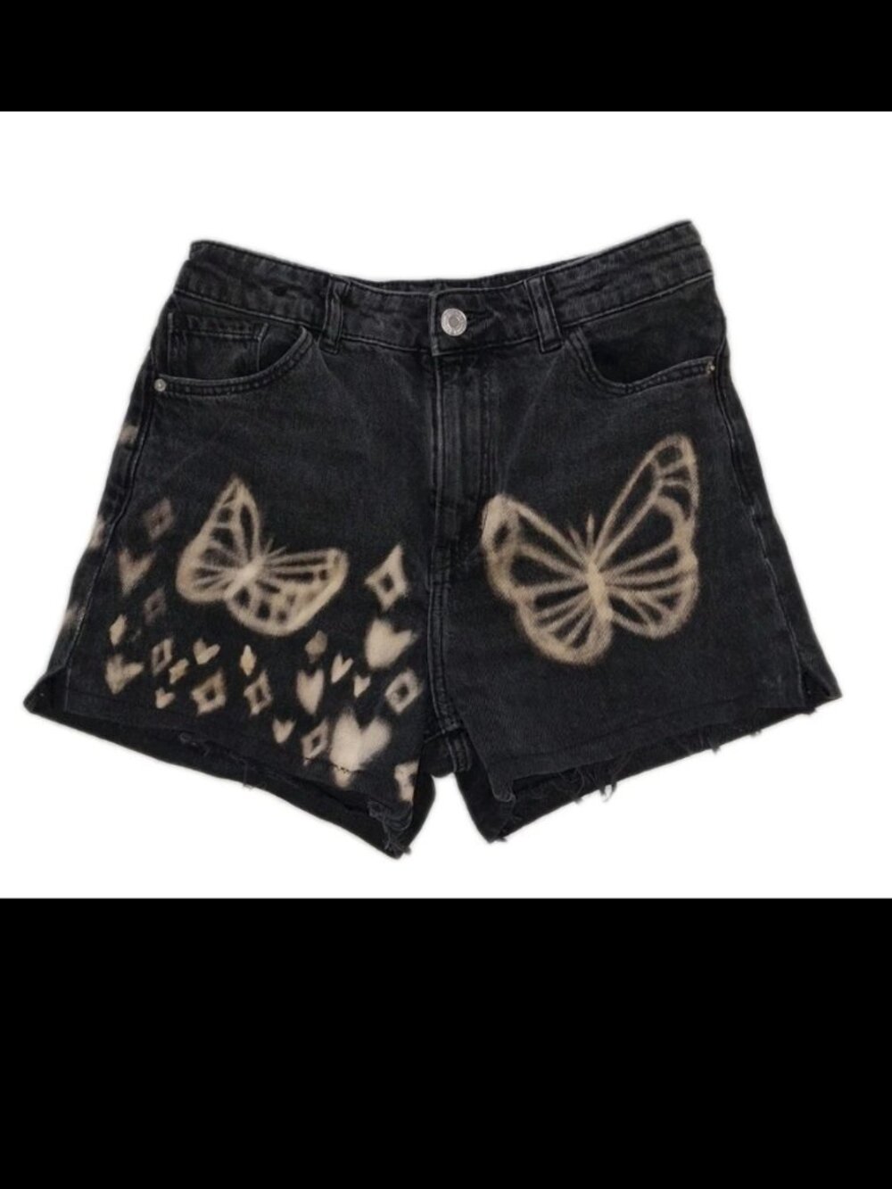 H&M Black Denim Butterfly Shorts Girls US 12 Bleach Art Y2K Grunge Festival